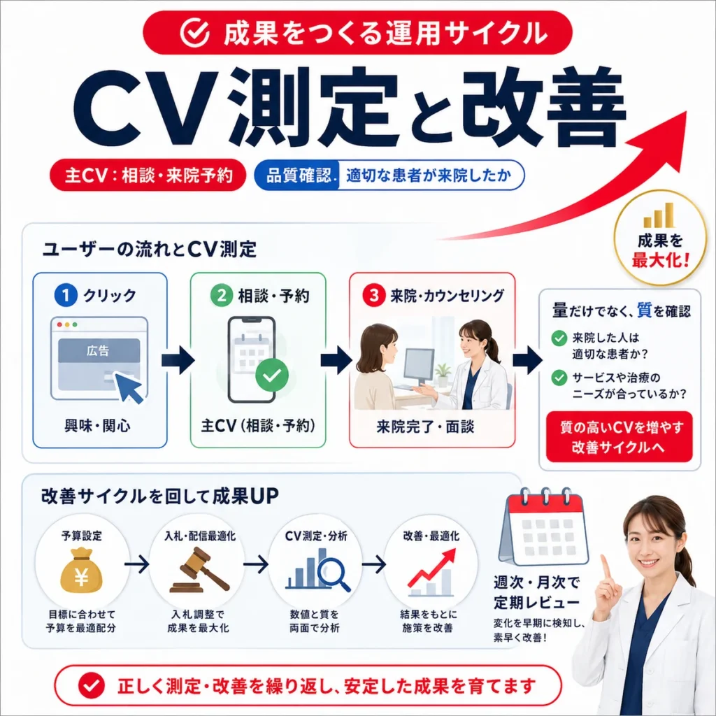 再生医療クリニックの予算・入札・CV測定と改善サイクルを示すイラスト