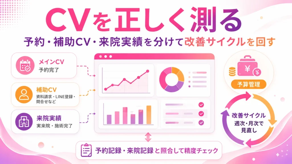 検査予約や補助CVと来院実績を分けて測る改善サイクルのイラスト