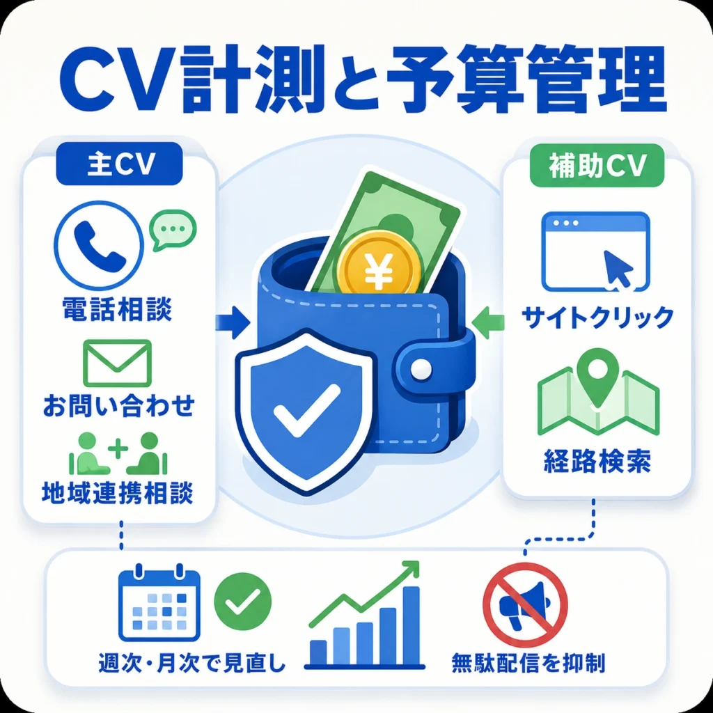主CVと補助CVを分けて計測し緩和ケアクリニックの広告費を守る予算管理のイラスト