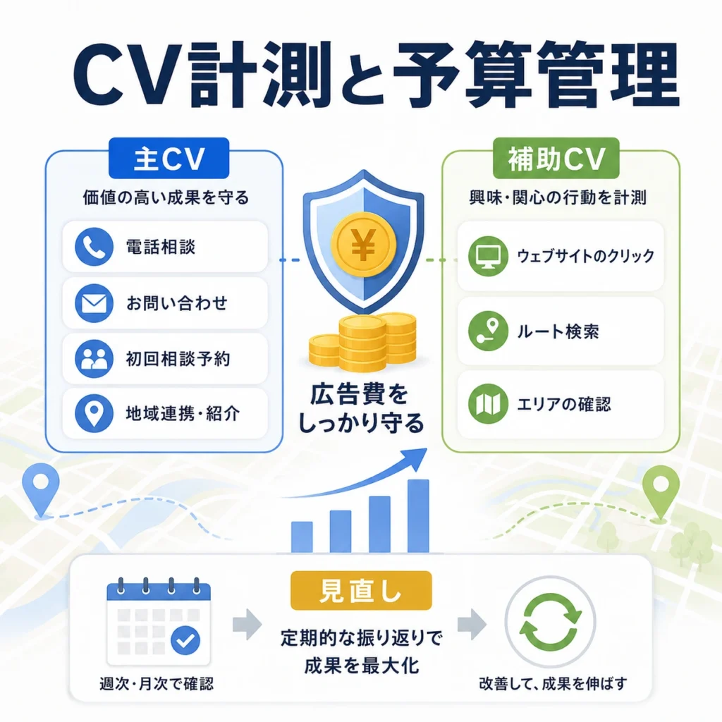 主CVと補助CVを分けて計測し緩和ケアクリニックの広告費を管理するイラスト