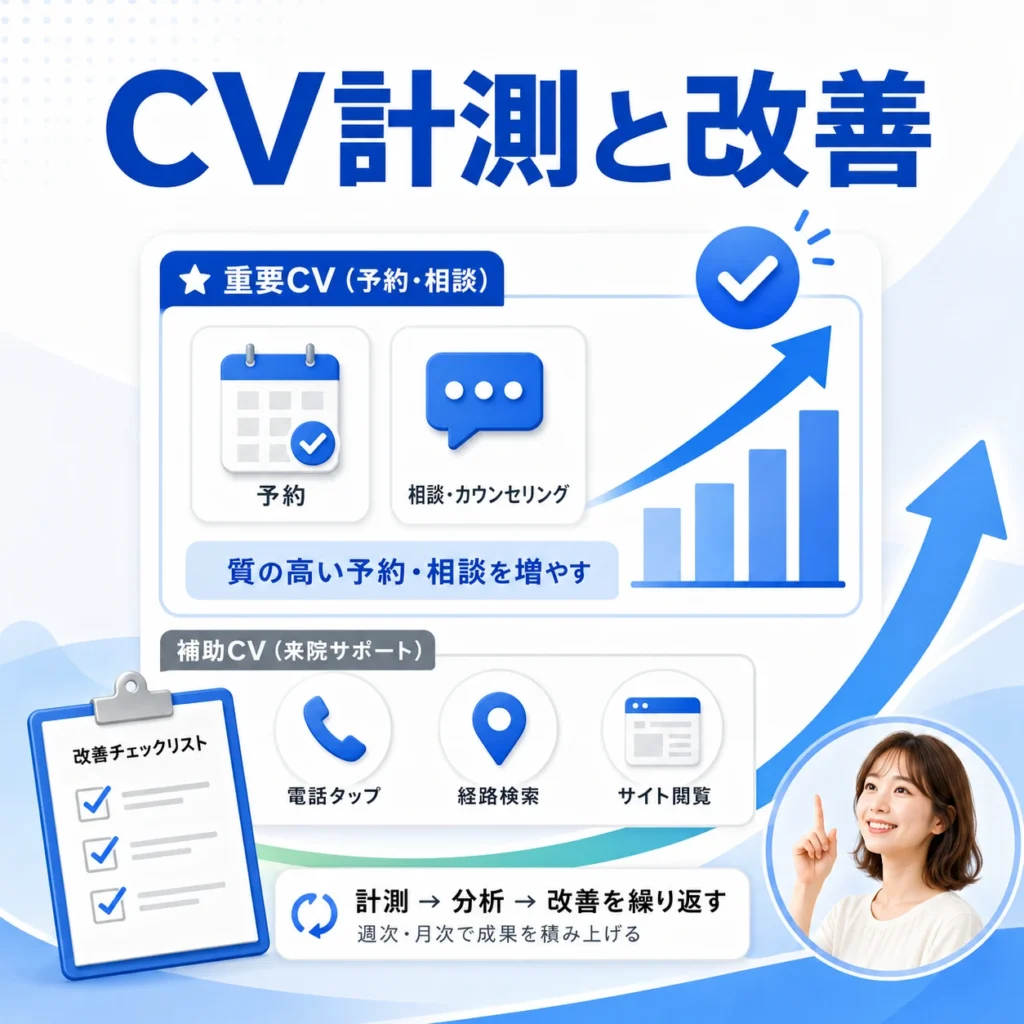 ホワイトニング予約や相談などのCVを計測し改善を回す流れを示すイラスト