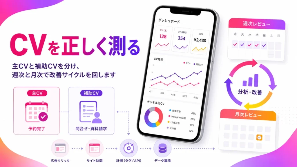 主CVと補助CVを分けて広告改善サイクルを回す流れのイラスト