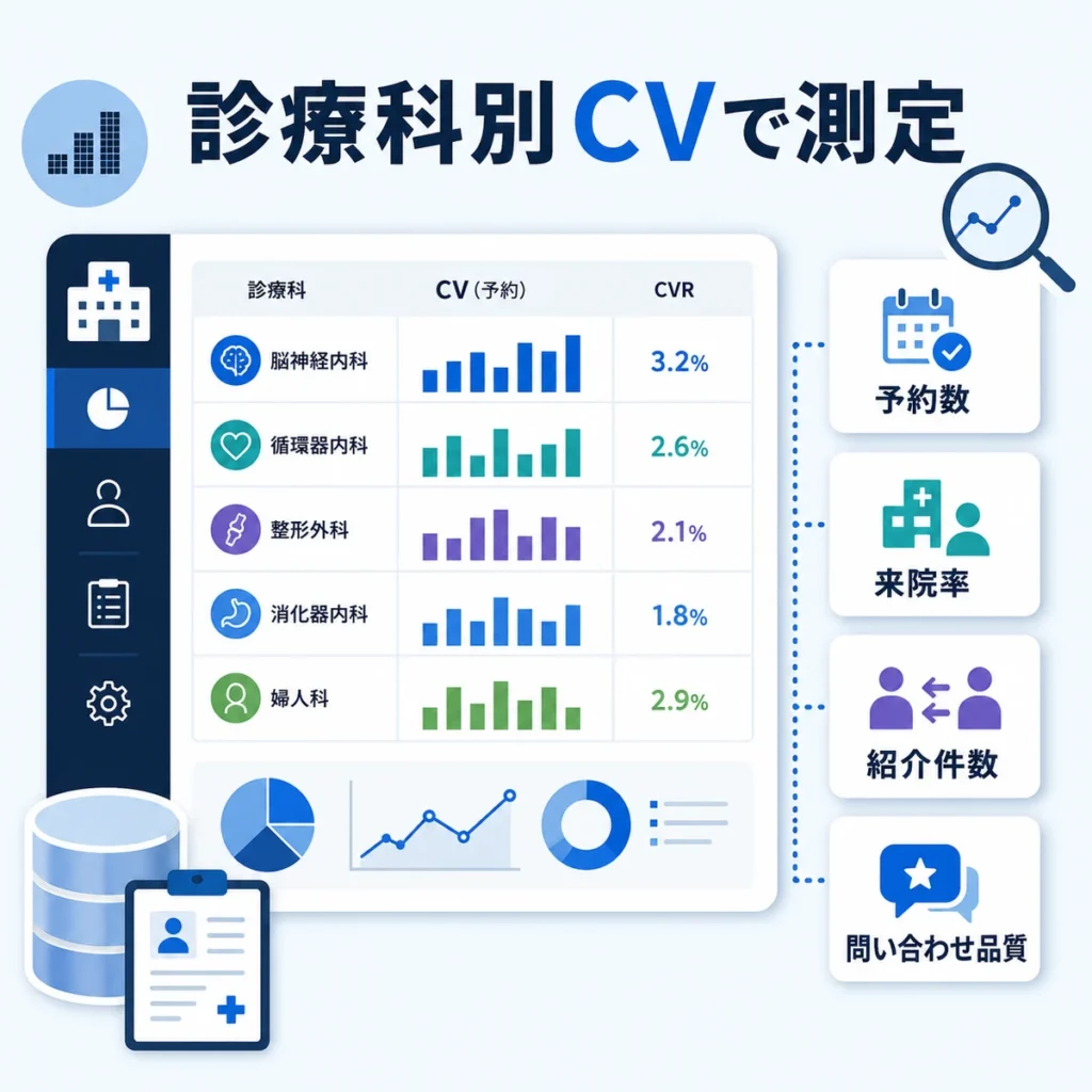 総合病院のX広告効果を診療科別CVで測定するダッシュボードを示すイラスト
