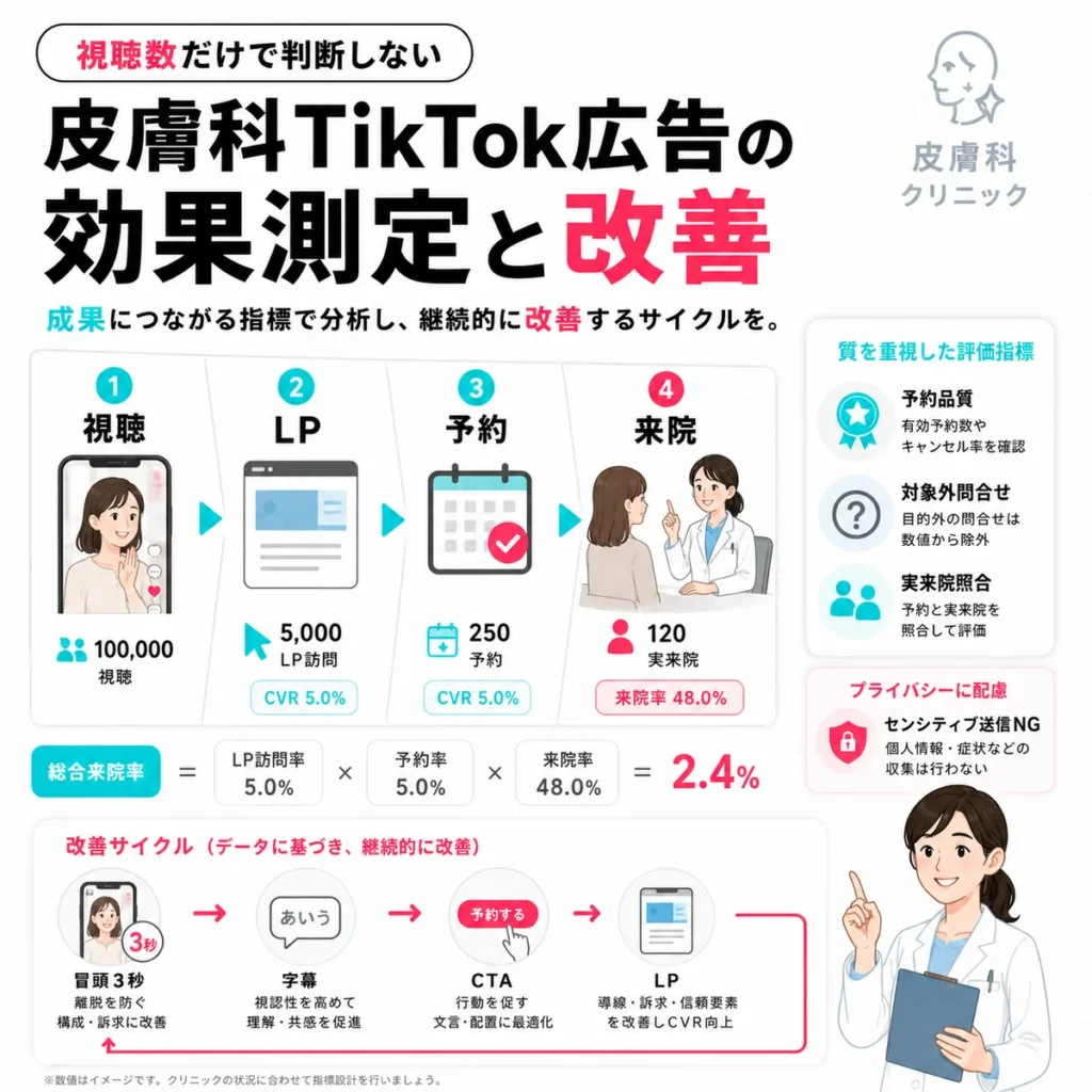 視聴数だけでなくLP訪問や予約や来院でTikTok広告を改善する流れを示すイラスト