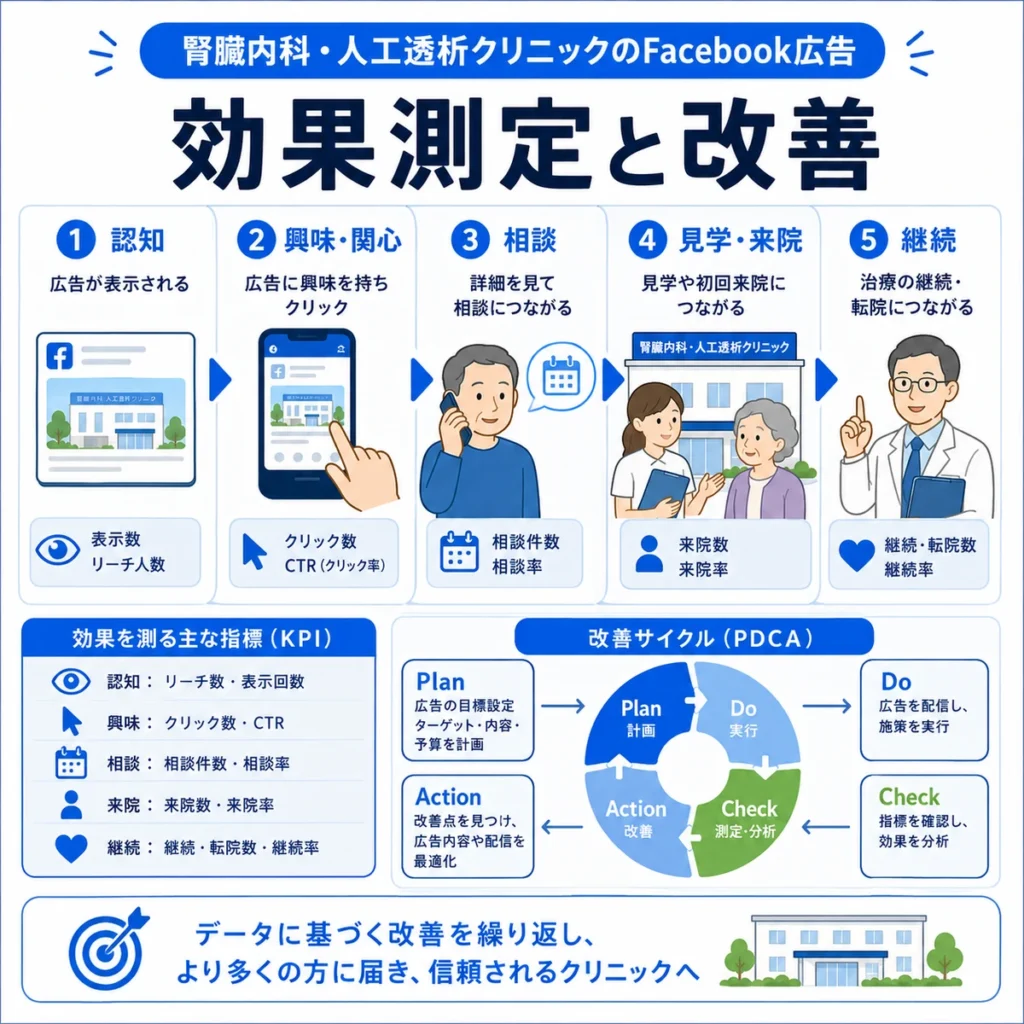 腎臓内科・人工透析クリニックのFacebook広告における効果測定と改善サイクルを示すイラスト