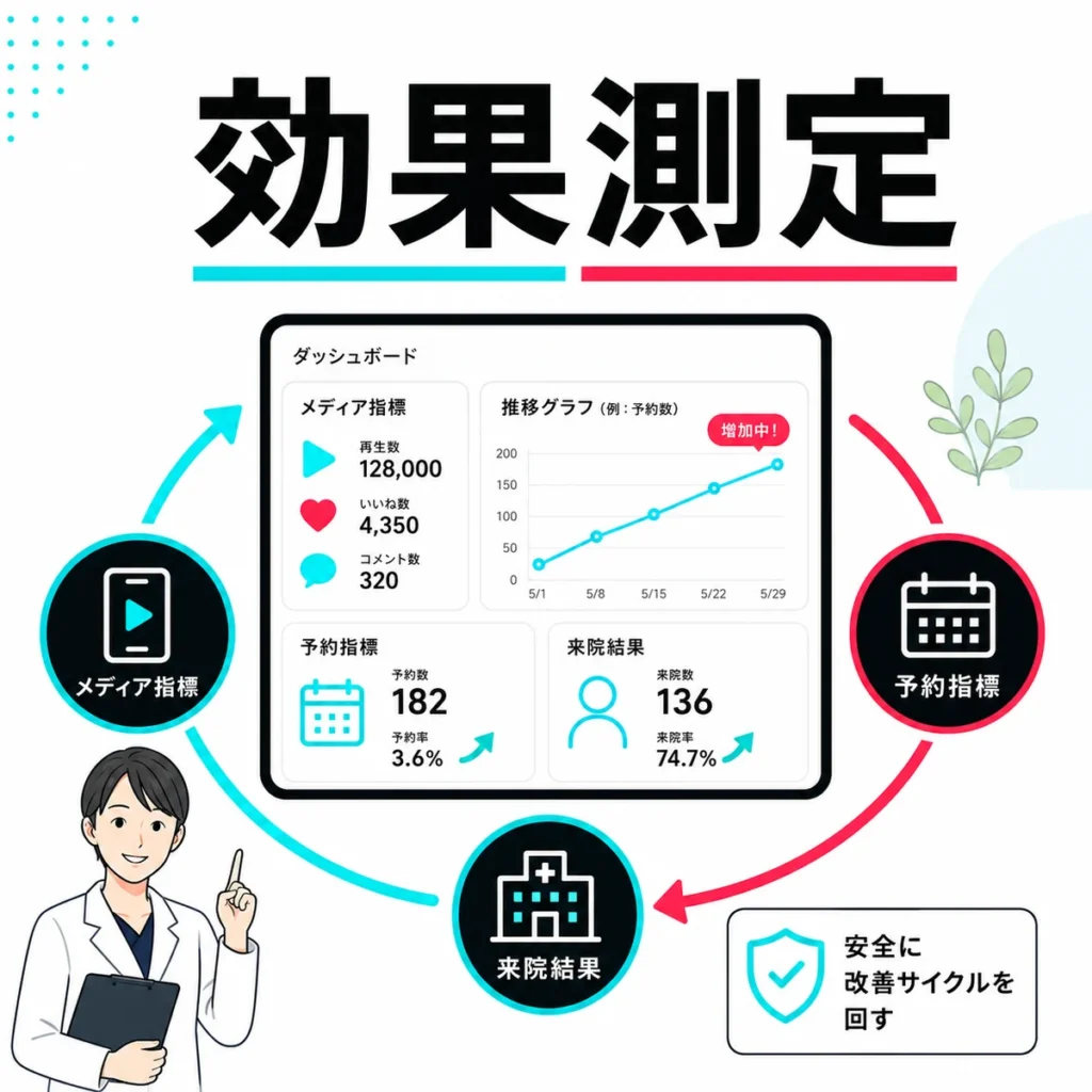媒体指標・予約指標・来院結果を確認して改善サイクルを回す効果測定のイラスト