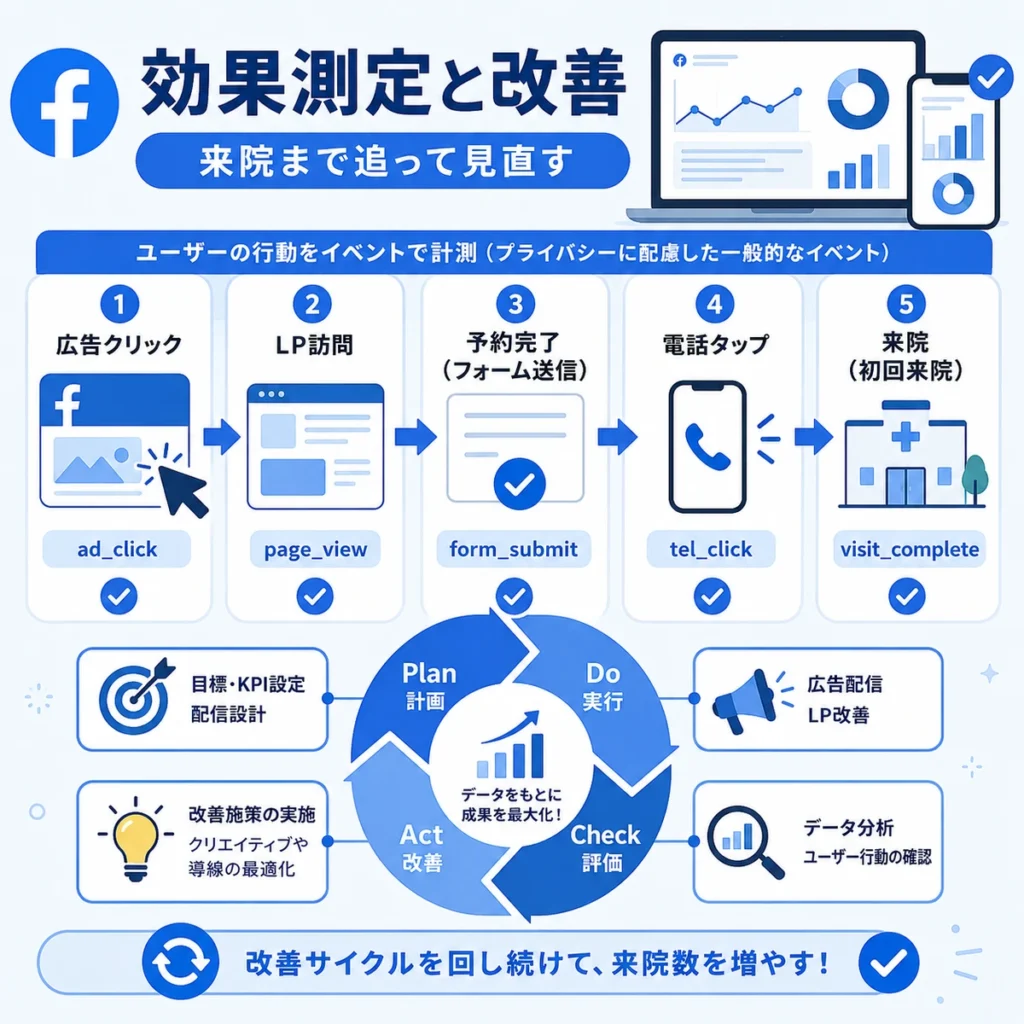 Facebook広告のクリックから来院までを測定し改善サイクルを回す流れを示すイラスト