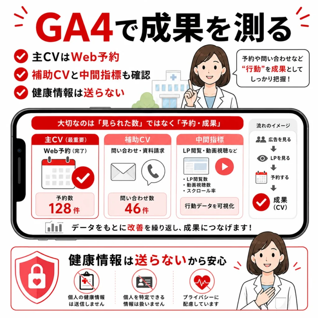 GA4でWeb予約や補助CVを計測し健康情報を送らず成果を確認する流れを示すイラスト