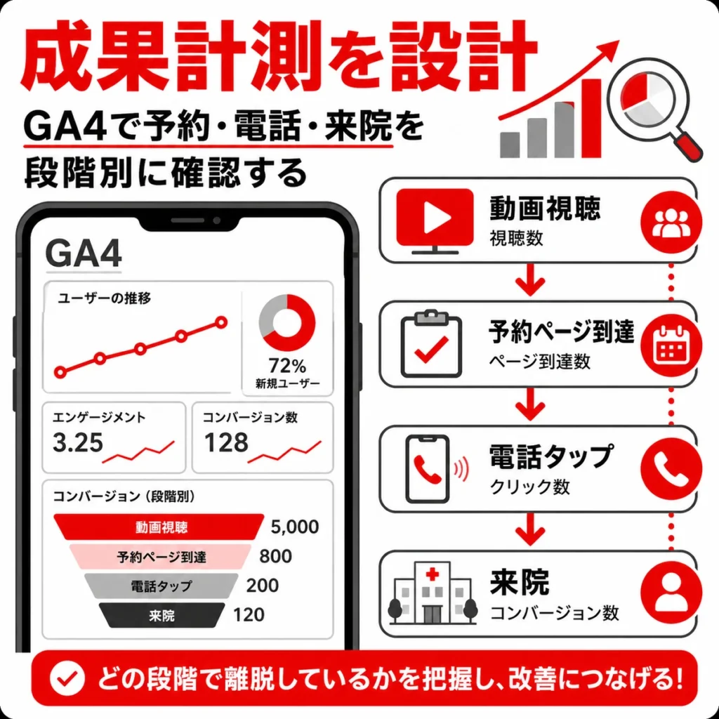 GA4で動画視聴から予約ページ到達、電話タップ、来院まで段階別に成果計測する流れを示すイラスト