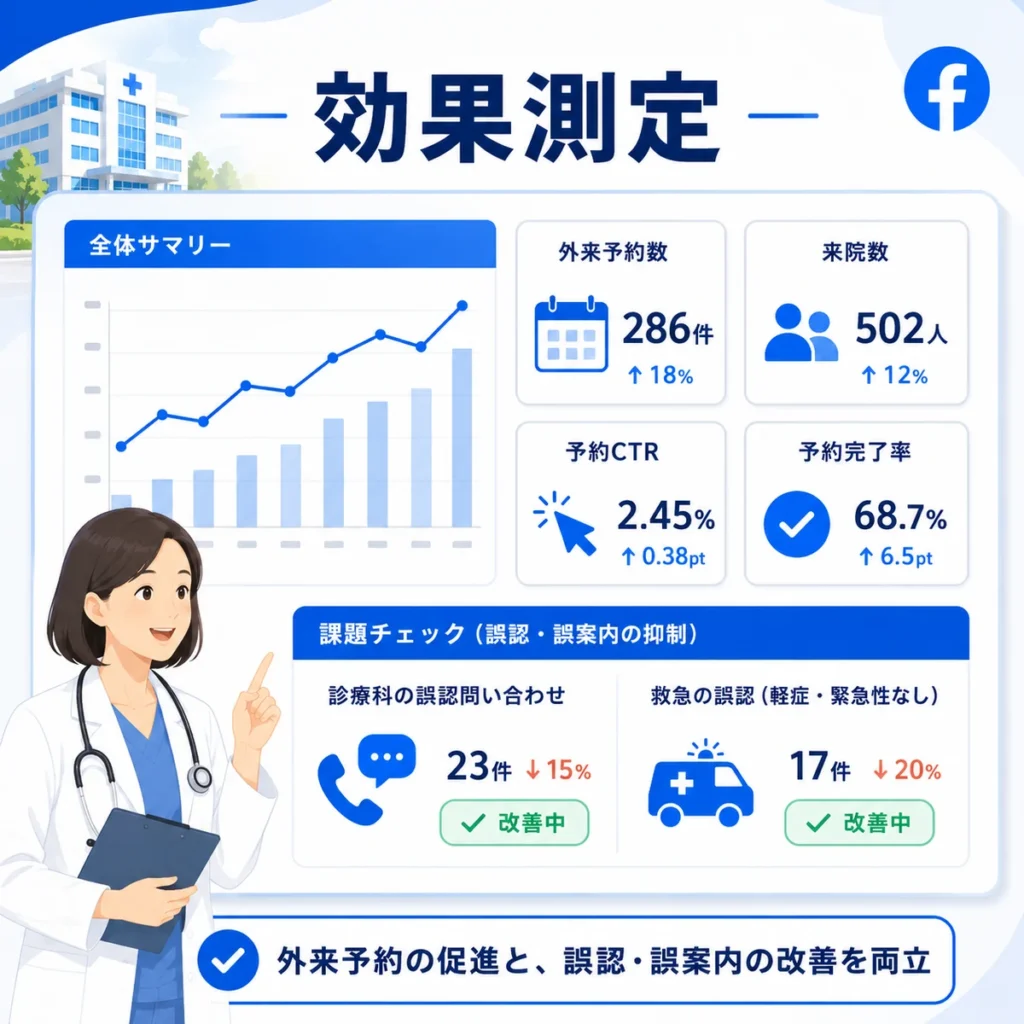 外来予約数と救急誤認の両面から総合病院のFacebook広告効果を測定する様子を示すイラスト