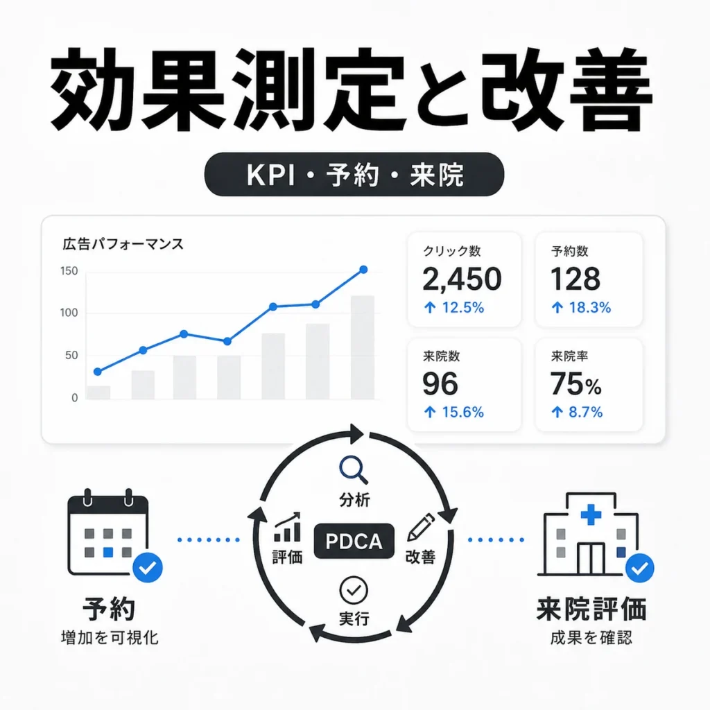 X広告のKPI、予約数、来院数を測定しPDCAで改善する流れを示すイラスト