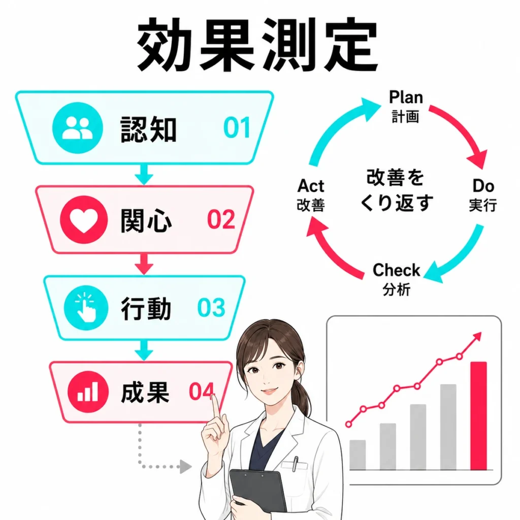 美容皮膚科TikTok広告の認知、関心、行動、成果を分けて効果測定するイラスト