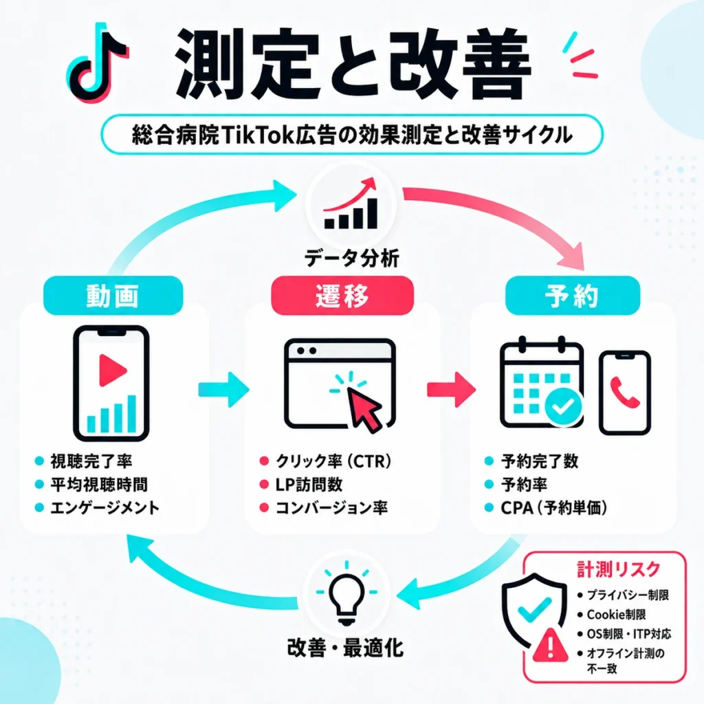動画、遷移、予約のKPIと計測リスクを整理し改善サイクルを示すイラスト