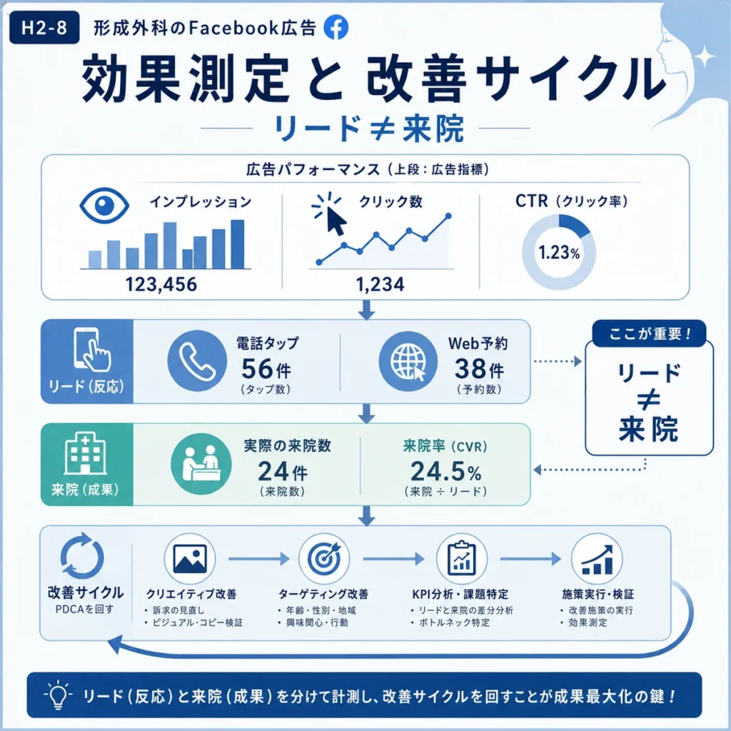 Facebook広告のリードと来院を分けて効果測定し改善する流れを示すイラスト