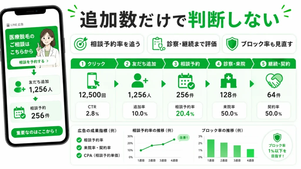 友だち追加数だけでなく相談予約率、診察、継続、ブロック率まで評価する流れを示すイラスト