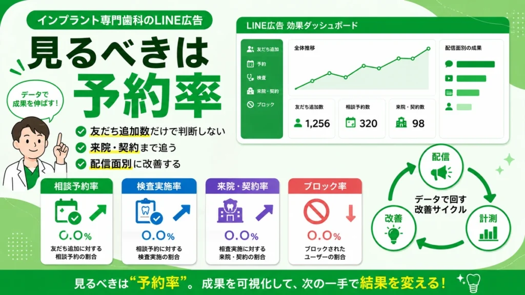 インプラント専門歯科のLINE広告で相談予約率や来院率を見ながら改善する効果測定サイクルのイラスト