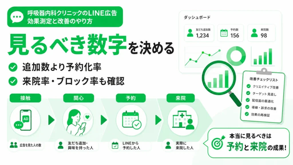 LINE広告の成果を友だち追加数ではなく予約化率や来院率で測定するイラスト