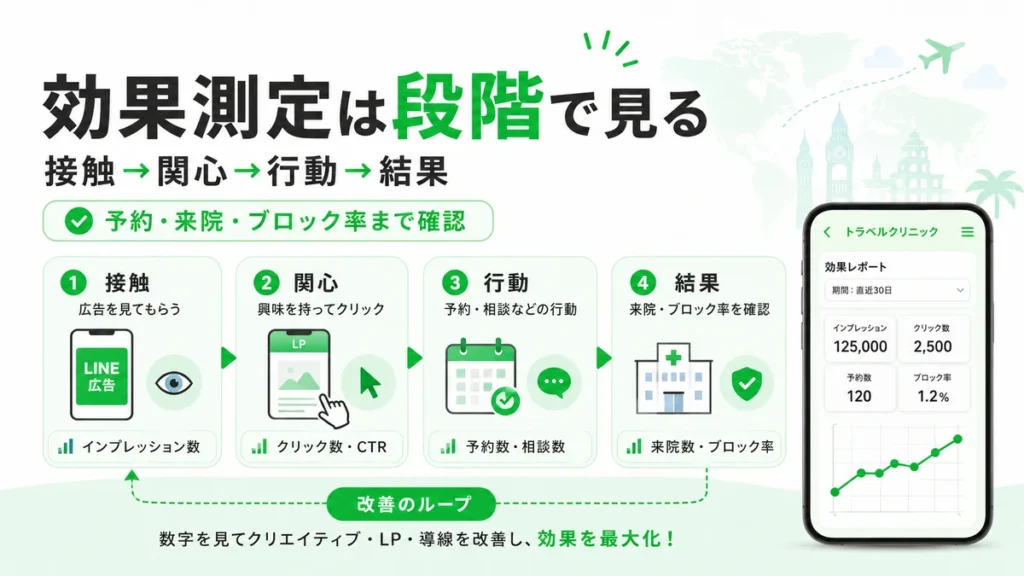 LINE広告の効果を接触、関心、行動、結果の段階で測定し改善する流れのイラスト