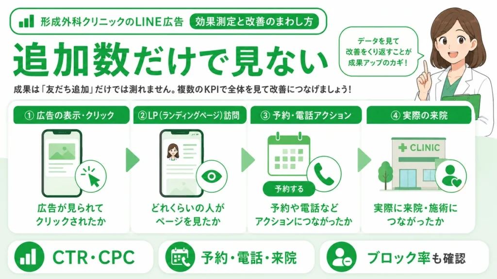形成外科クリニックのLINE広告効果をクリック、LP訪問、予約、来院、ブロック率で測定する流れを示すイラスト