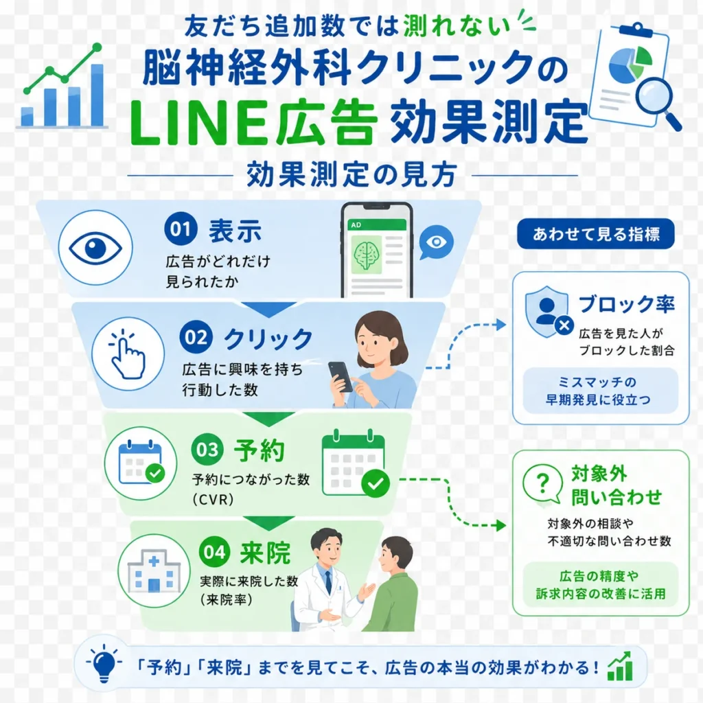友だち追加数だけでなく表示、クリック、予約、来院、ブロック率まで見るLINE広告効果測定のイラスト