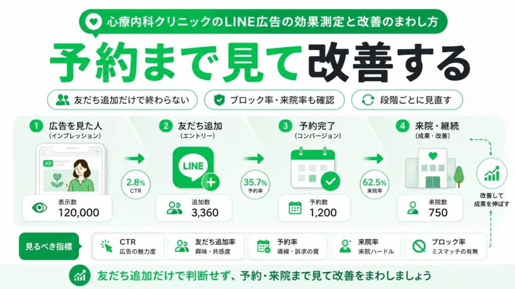 心療内科クリニックのLINE広告を予約や来院まで見て改善する流れを示す図解