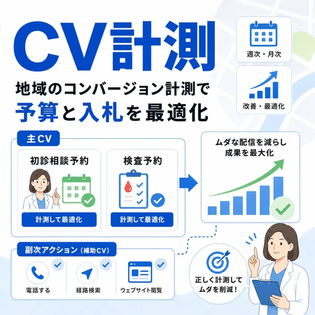 初診予約や検査予約を主CVとして計測し予算と入札を最適化するイラスト