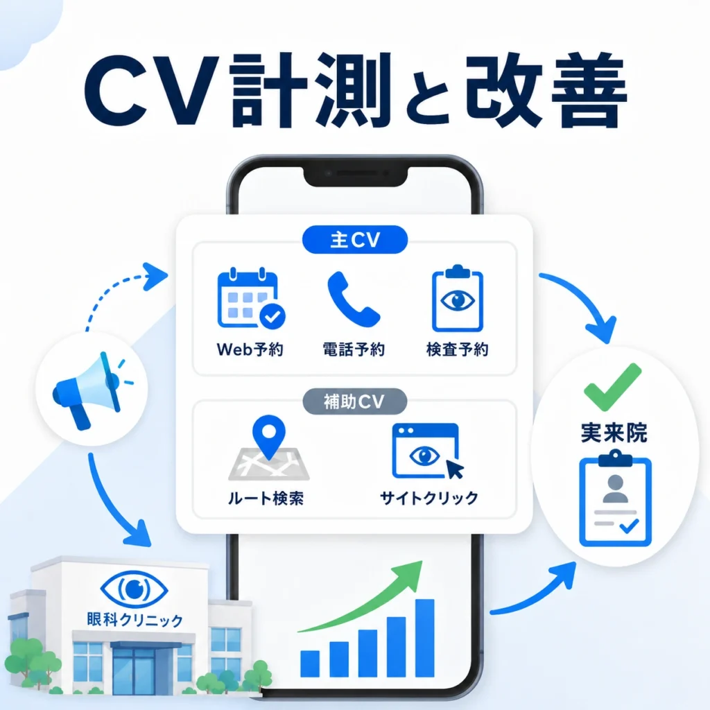 眼科広告の主CVと補助CVを分けて計測し改善サイクルを回す流れを示すイラスト