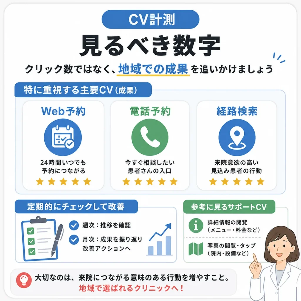 皮膚科のローカル検索広告でWeb予約・電話予約・経路検索などのCVを計測するポイントを示すイラスト