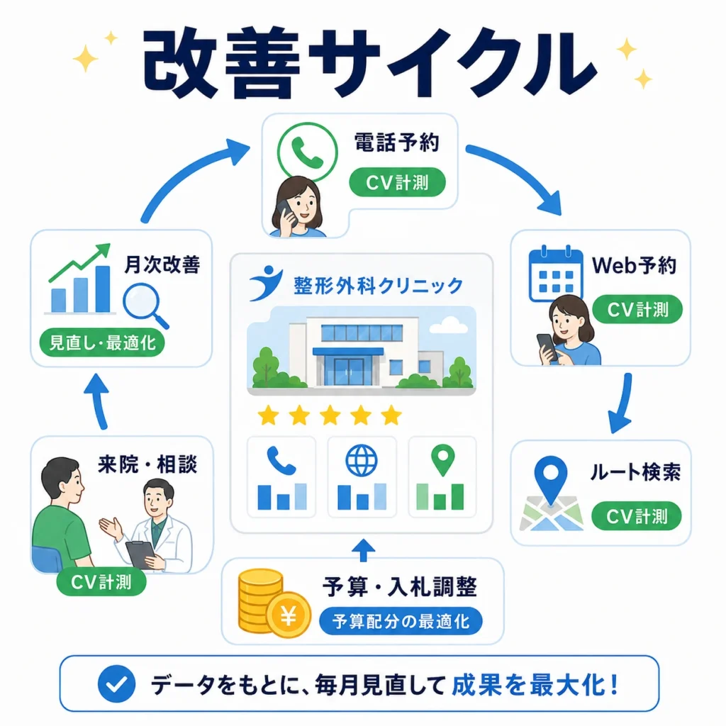 電話予約、Web予約、ルート検索などのローカルCVを計測し、予算や入札を月次で改善するサイクルを示すイラスト