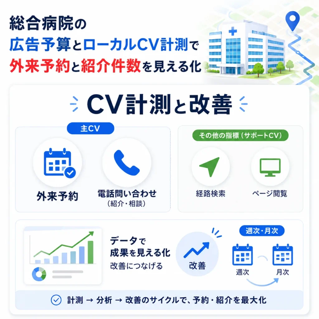 広告予算とローカルCV計測で外来予約や紹介件数を見える化し改善する流れを示すイラスト