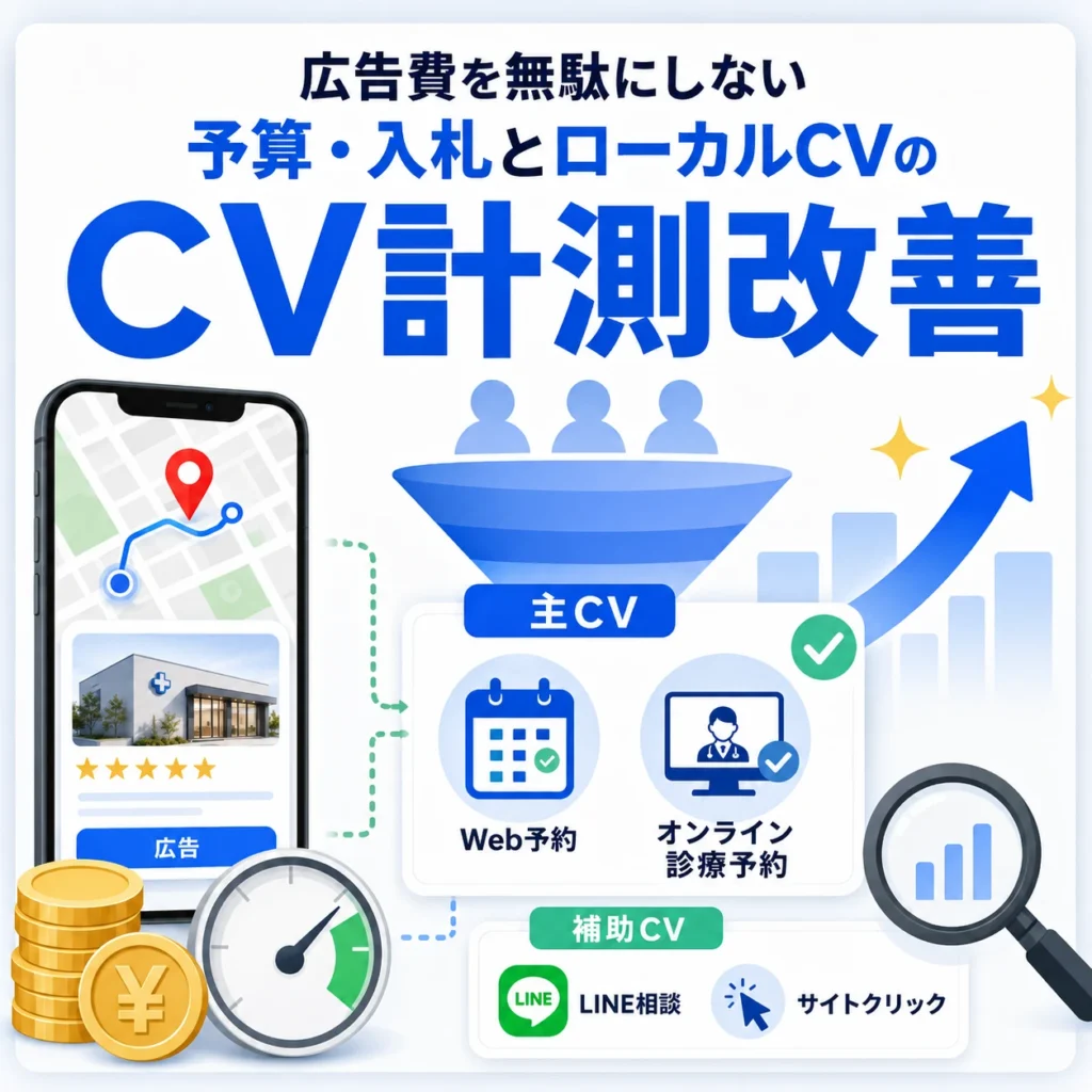 広告費を無駄にしないための主CV・補助CVの計測改善と予算最適化を示すイラスト