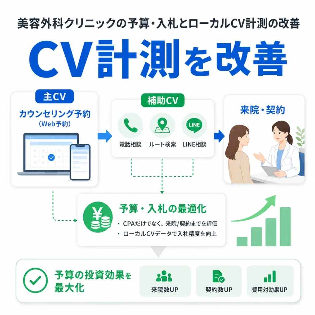 カウンセリング予約を主CVにして電話・経路検索・LINE相談などの補助CVを計測する改善イラスト