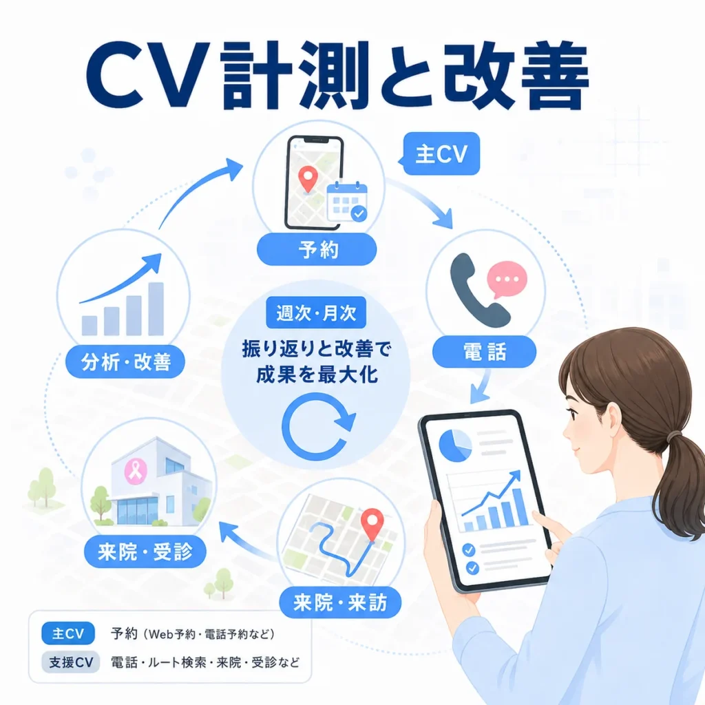 乳腺外科のローカルCV計測と週次・月次の改善サイクルを示すイラスト