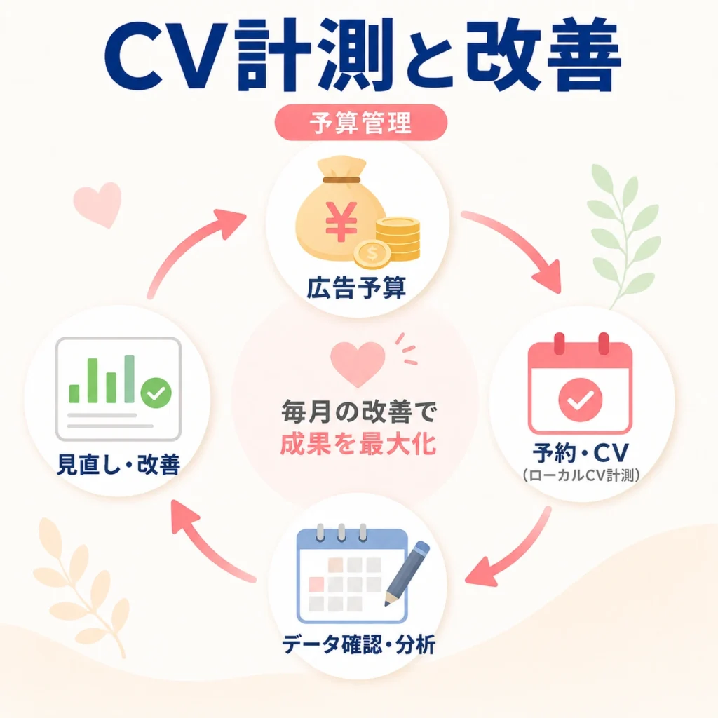 広告予算とローカルCV計測をもとに予約成果を改善するサイクルを示すイラスト