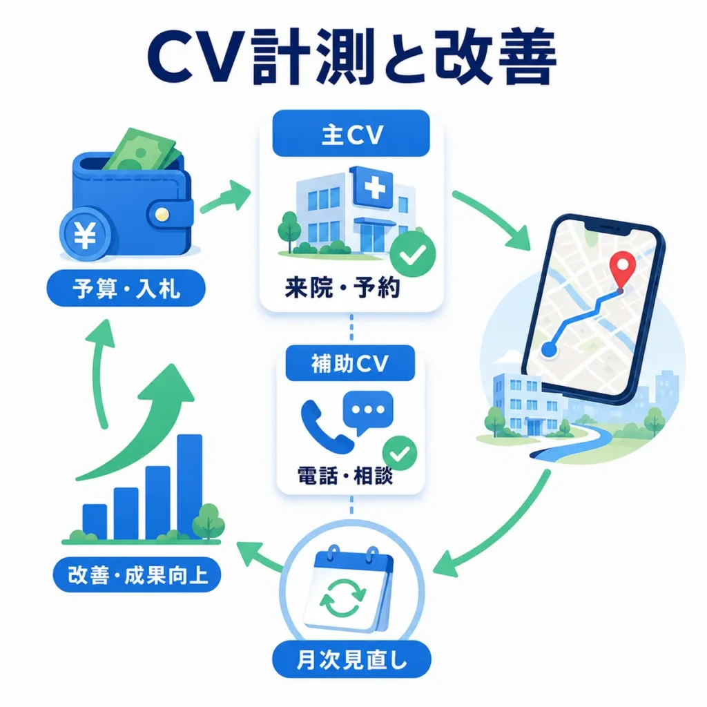 主CVと補助CVを分けて広告費や成果を見直す改善サイクルを示すイラスト