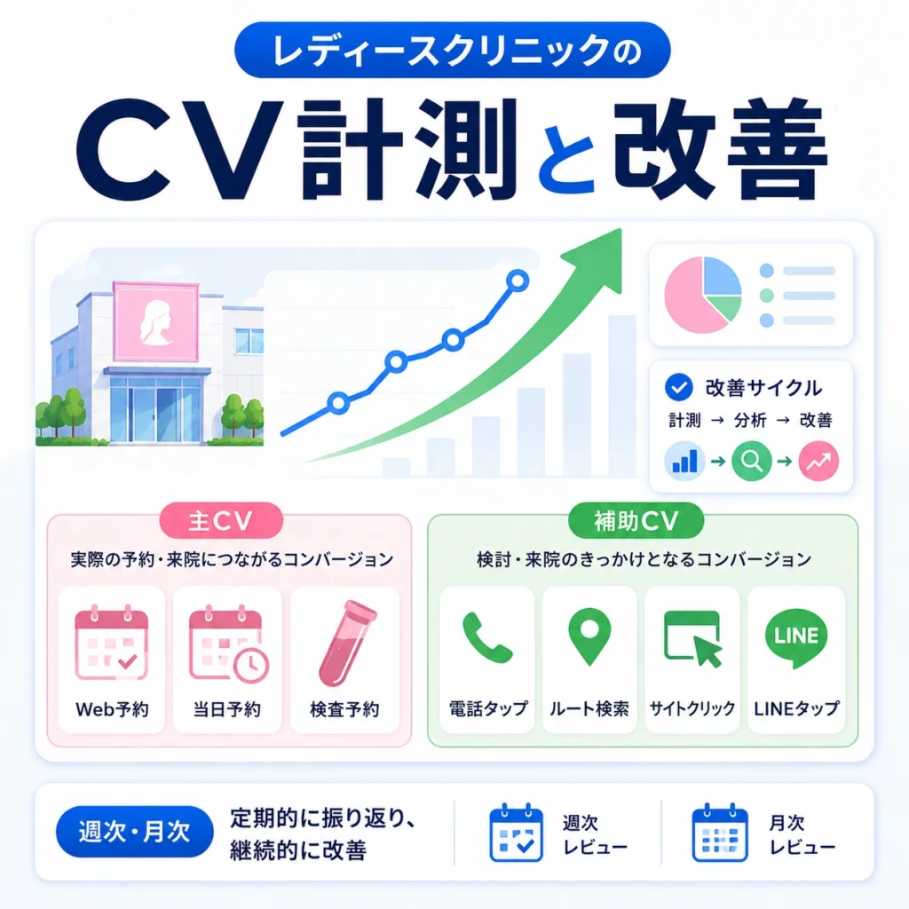 主CVと補助CVを分けてローカル検索広告の成果を計測し改善する流れを示すイラスト