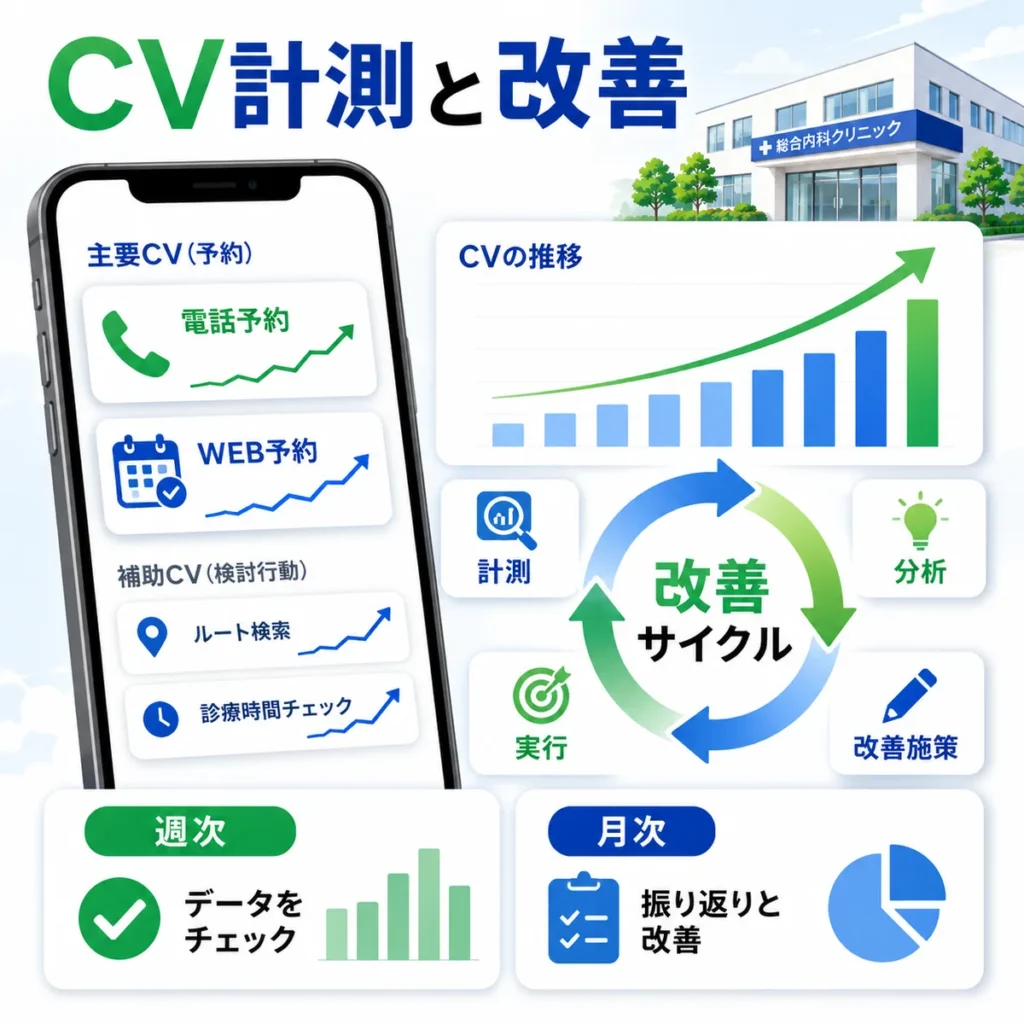 電話予約やWeb予約などのローカルCVを計測し週次月次で改善するサイクルのイラスト
