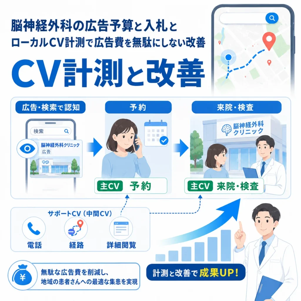 広告認知から予約・来院・検査までのローカルCV計測と改善を示すイラスト