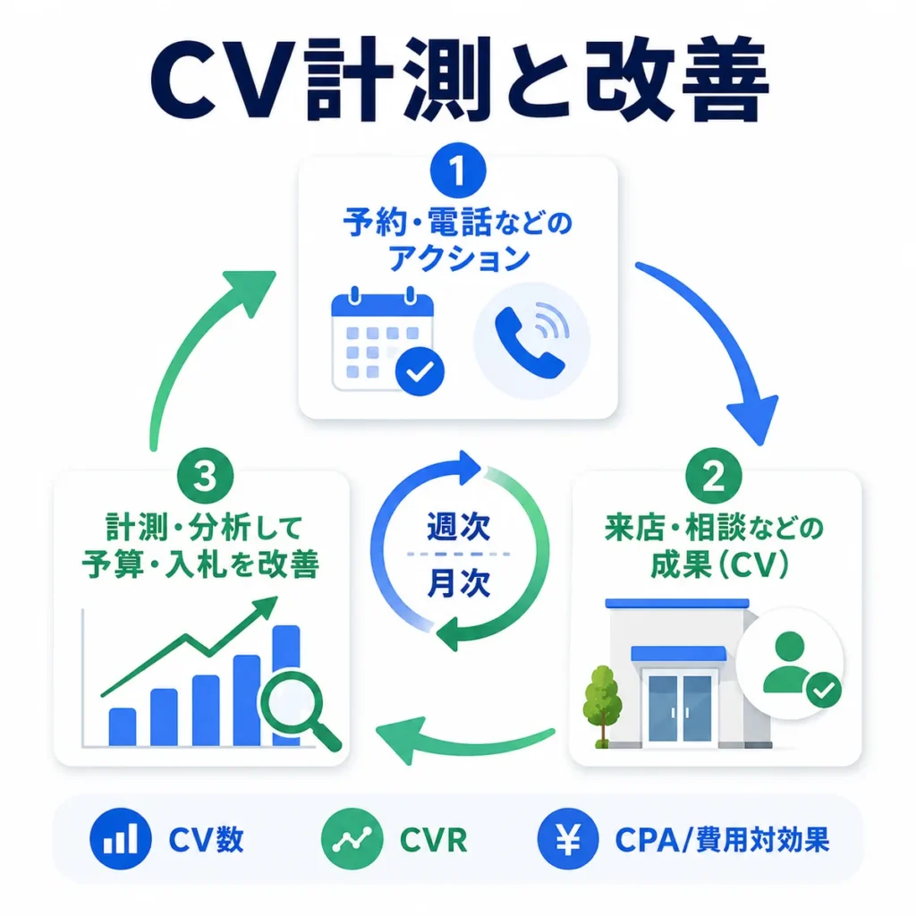 Web予約や電話予約などのローカルCVを計測し広告運用を改善するサイクルを示すイラスト