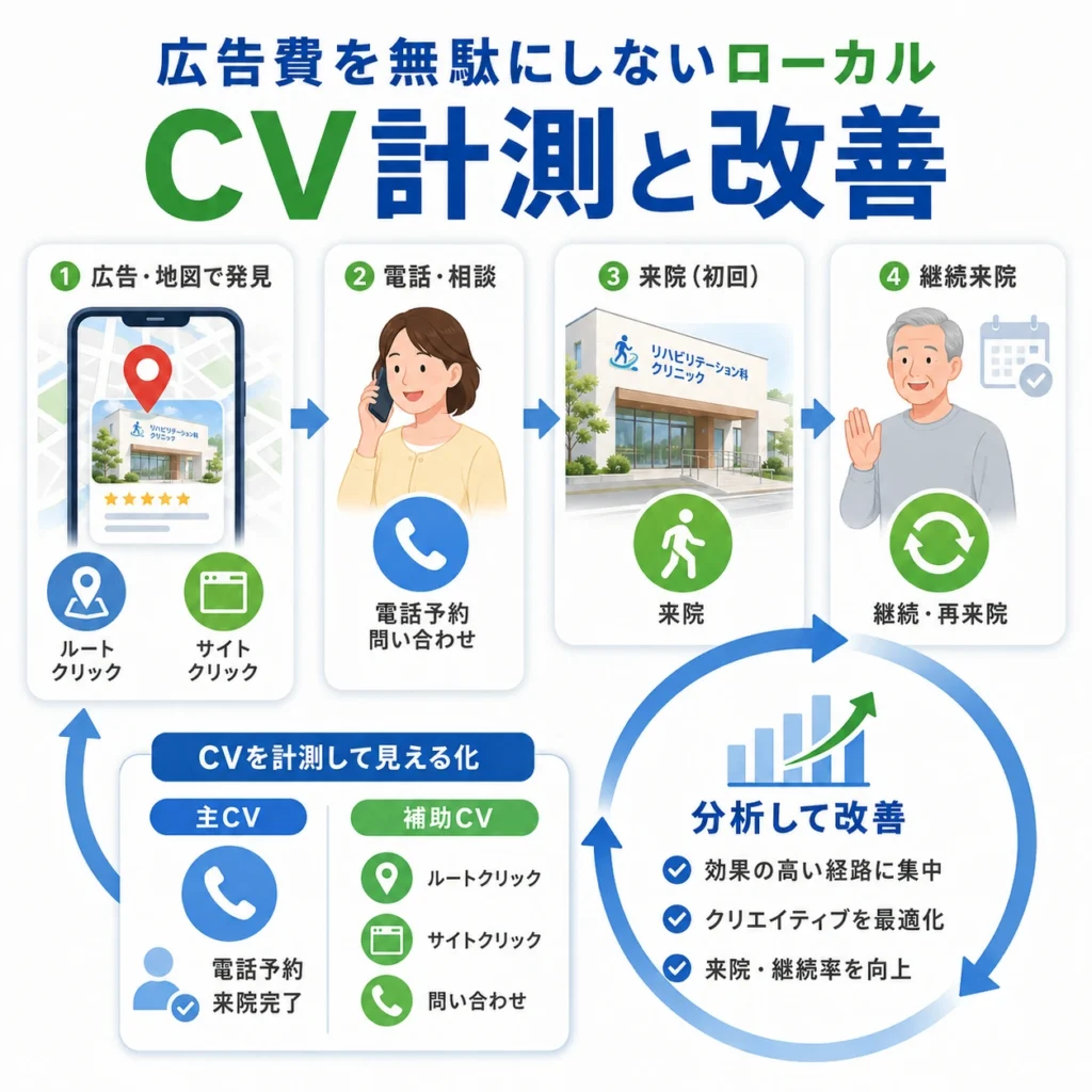 電話予約や経路クリックなどのローカルCVを主CVと補助CVに分けて計測し改善する流れを示すイラスト