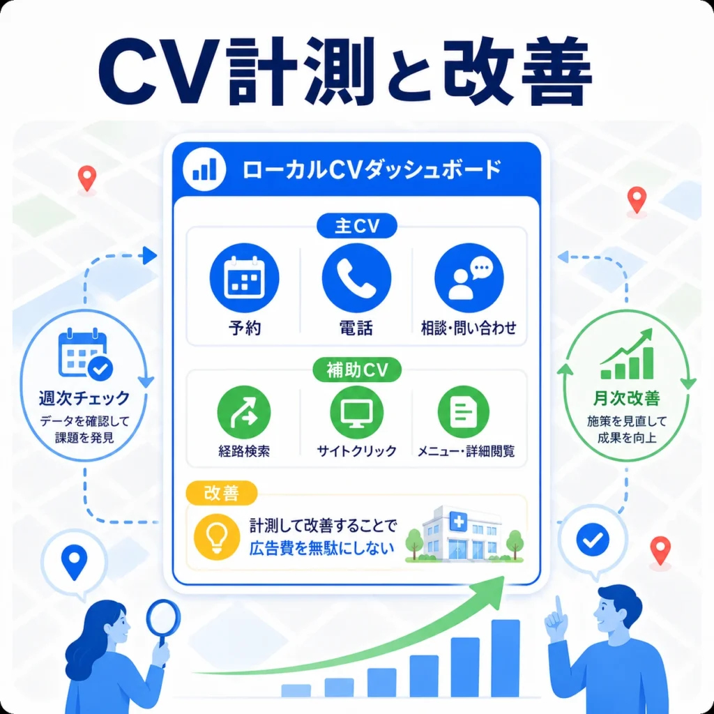予約・電話・企業問い合わせなどのローカルCVを計測し改善につなげる流れを示すイラスト