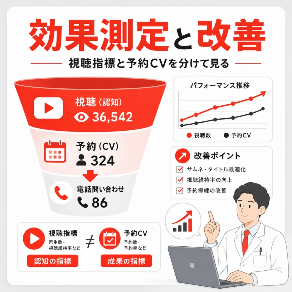 YouTube広告の視聴指標と予約CVを分けて効果測定と改善を行う流れを示すイラスト