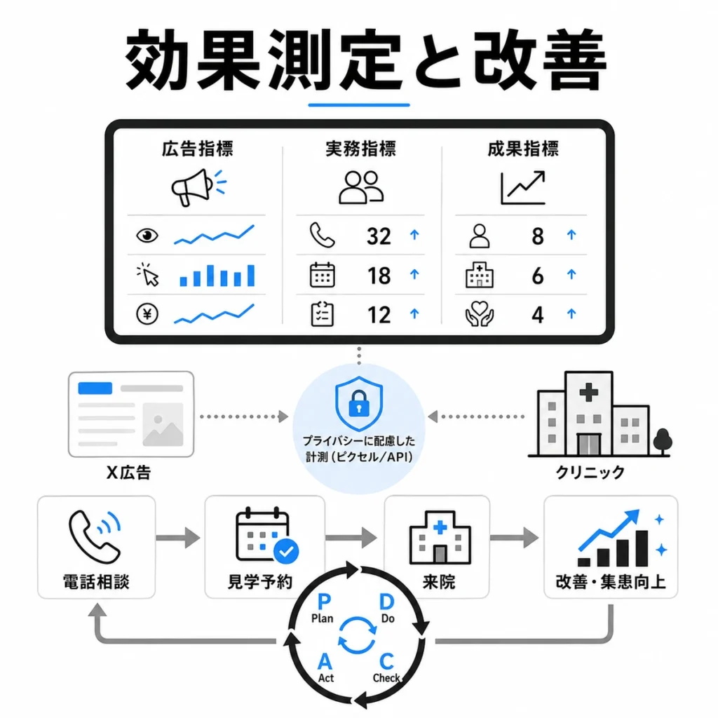X広告の効果測定と実相談・見学予約・来院を改善につなげるPDCA図解