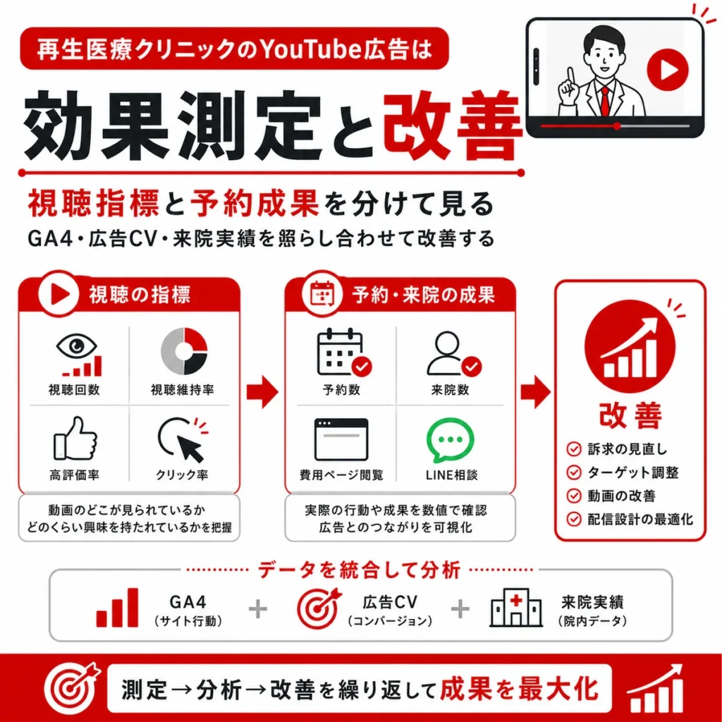 再生医療クリニックのYouTube広告で視聴指標と予約成果を分けて効果測定と改善を行う流れを示すイラスト