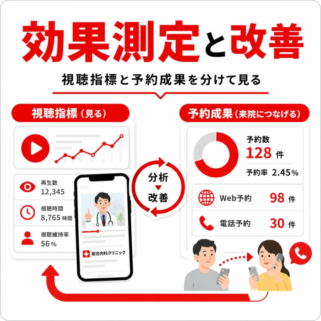 YouTube広告の視聴指標と予約成果を分けて測定し改善する流れを示すイラスト
