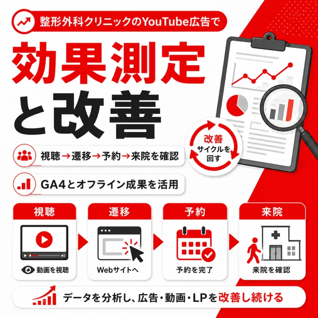 整形外科クリニックのYouTube広告で視聴から遷移、予約、来院までを測定し改善サイクルを回す流れを示すイラスト
