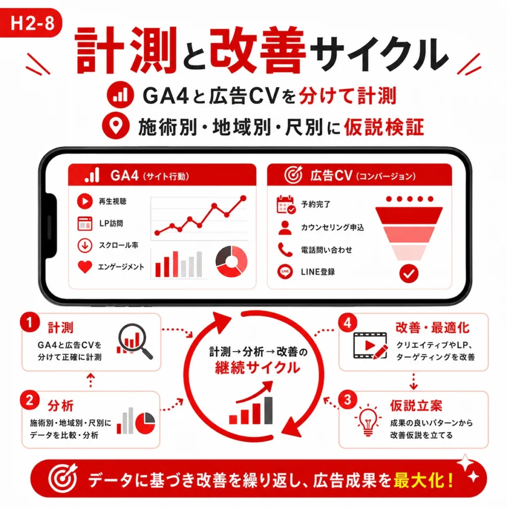 GA4と広告コンバージョンを分けて計測し改善サイクルを回す流れを示すイラスト