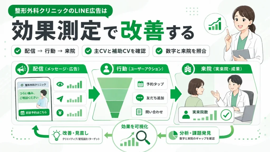 配信・行動・来院を効果測定して改善する流れを示すイラスト
