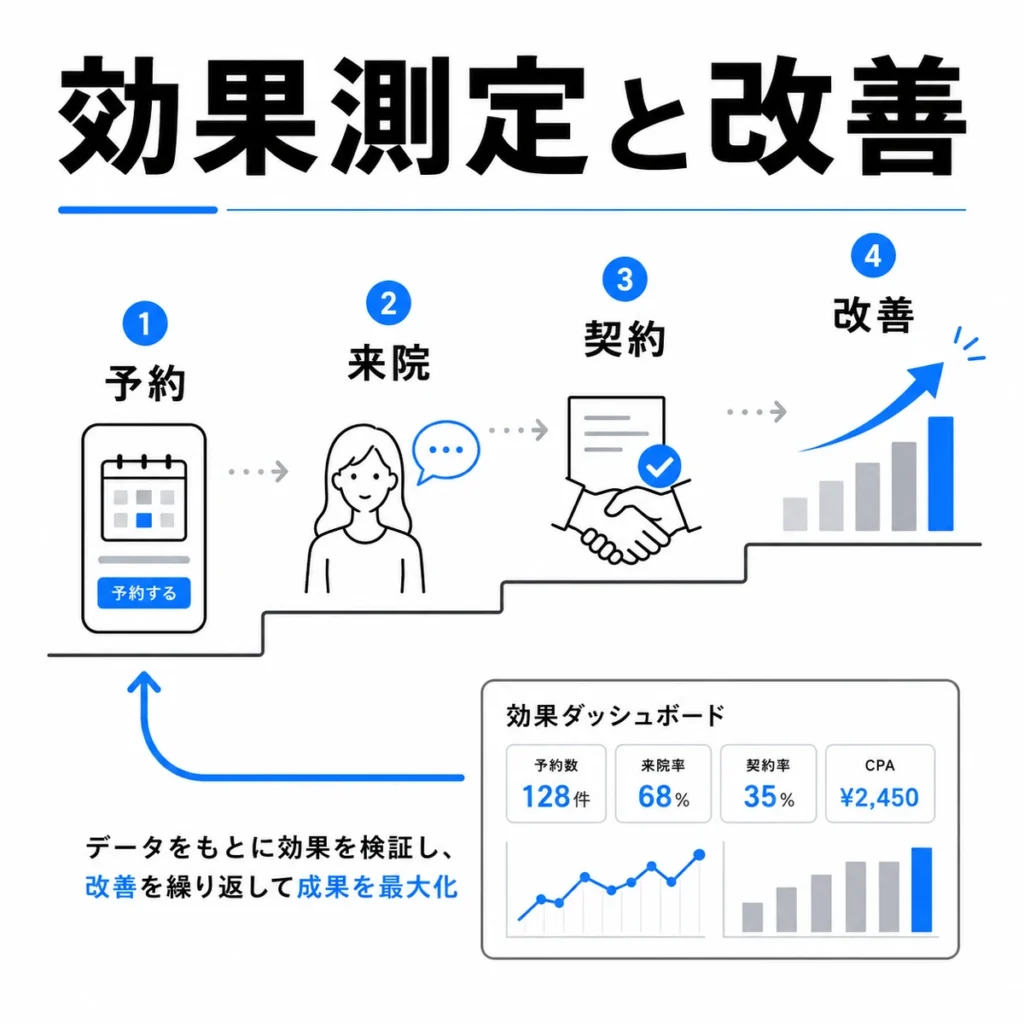 X広告の効果測定と予約、来院、契約、改善の流れを示すイラスト