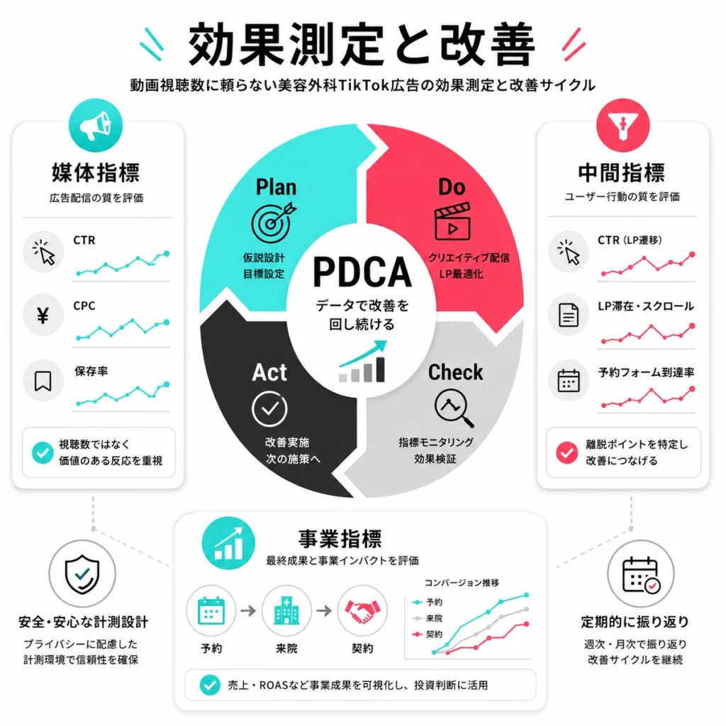 美容外科TikTok広告の媒体指標、中間指標、事業指標を分けてPDCA改善する流れを示すイラスト